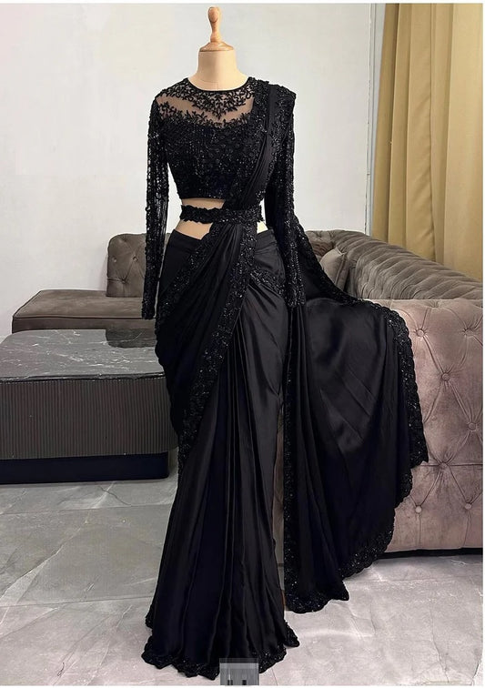 Black Color Satin Silk Sequence Work Saree Blouse