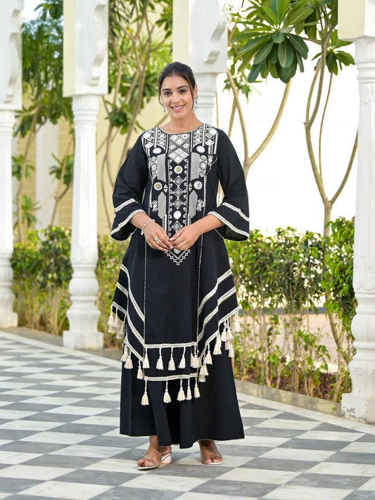 Black Color Rayon Cotton Fully Stitched Plazo Suit
