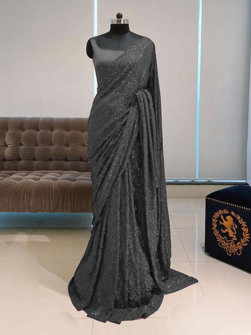 Wedding Wear Black Color Georgette Full Sequence Work Saree Blouse For Women