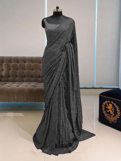 Wedding Wear Black Color Georgette Full Sequence Work Saree Blouse For Women