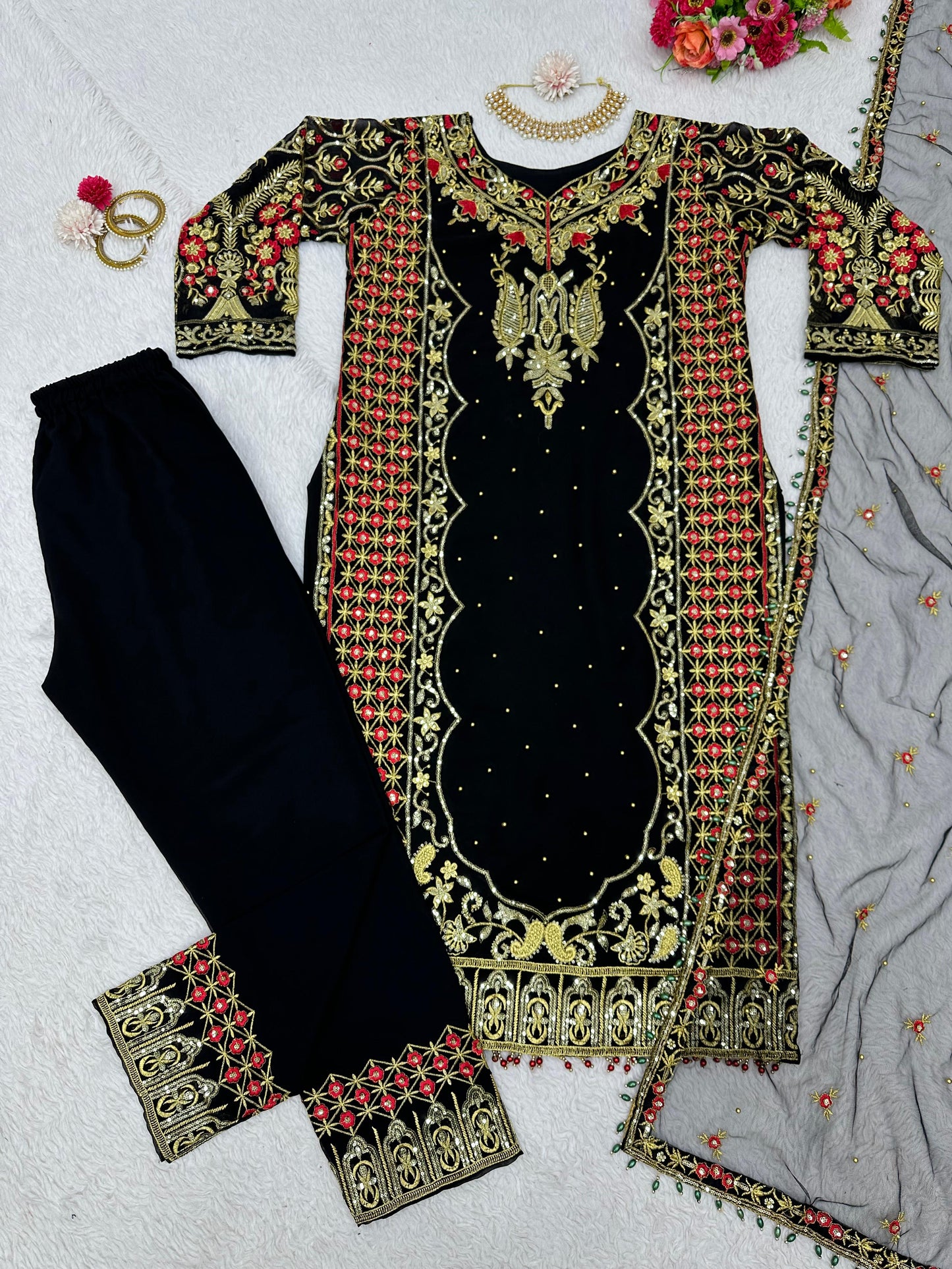 Black Georgette Jari Embroidered Stitched Salwar suit