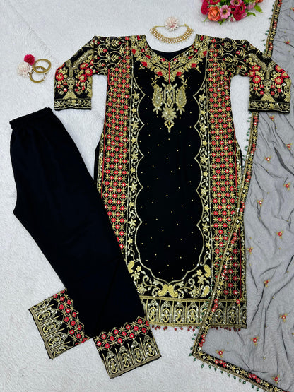 Black Georgette Jari Embroidered Stitched Salwar suit