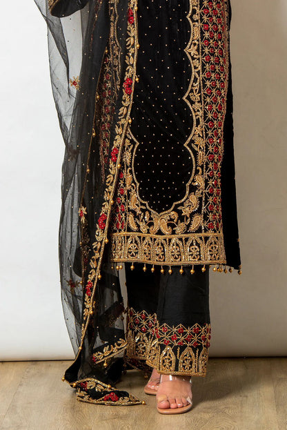 Black Georgette Jari Embroidered Stitched Salwar suit