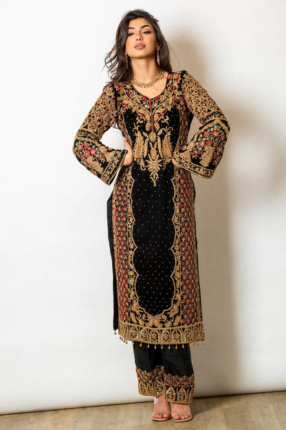 Black Georgette Jari Embroidered Stitched Salwar suit