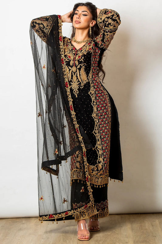 Black Georgette Jari Embroidered Stitched Salwar suit