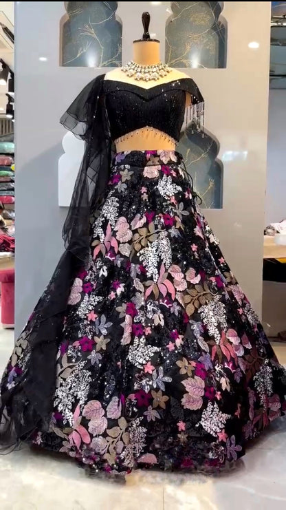 Floral Thread Sequence Work Black Lehenga Choli