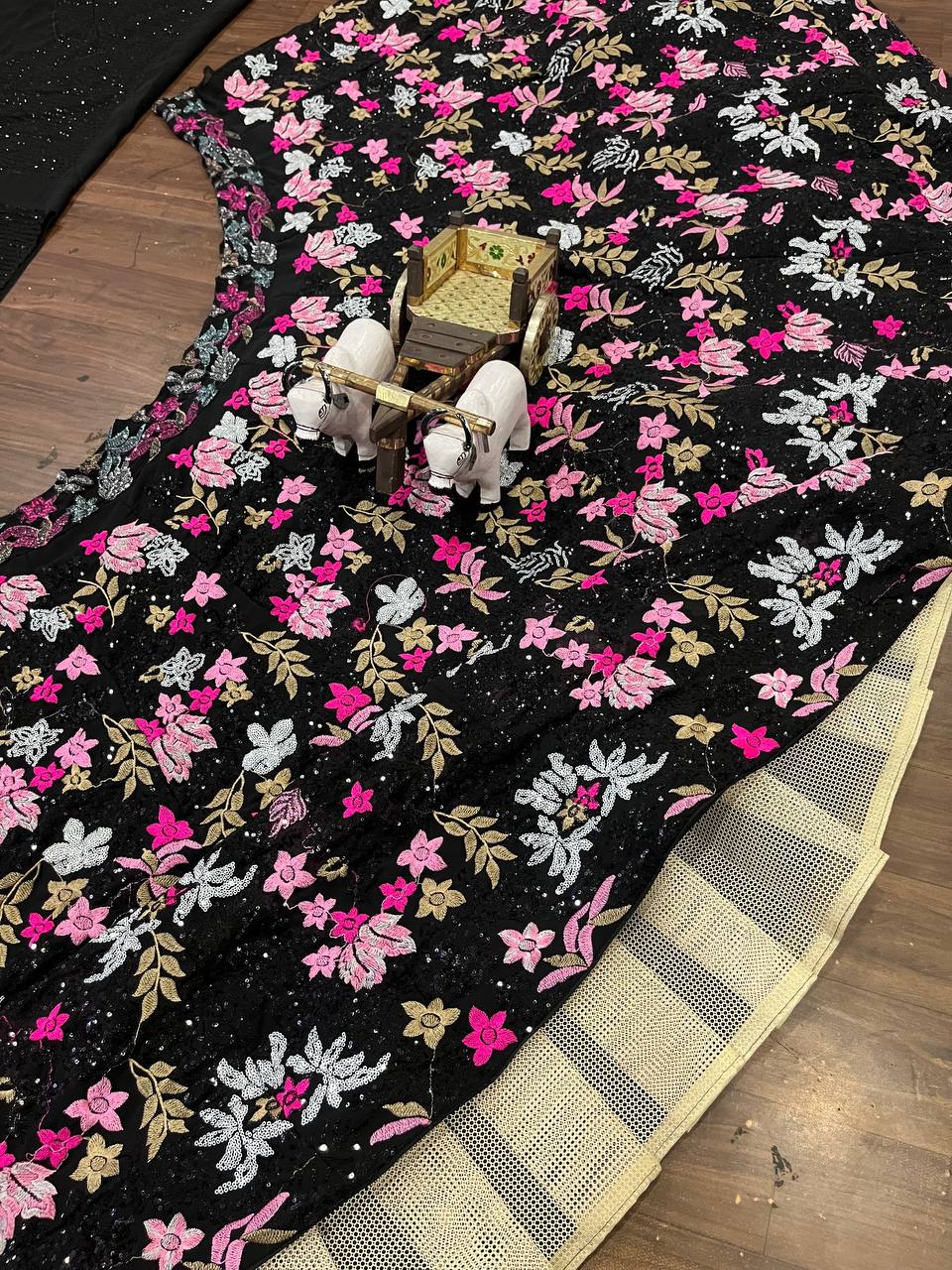 Floral Thread Sequence Work Black Lehenga Choli