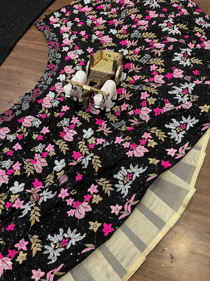 Floral Thread Sequence Work Black Lehenga Choli