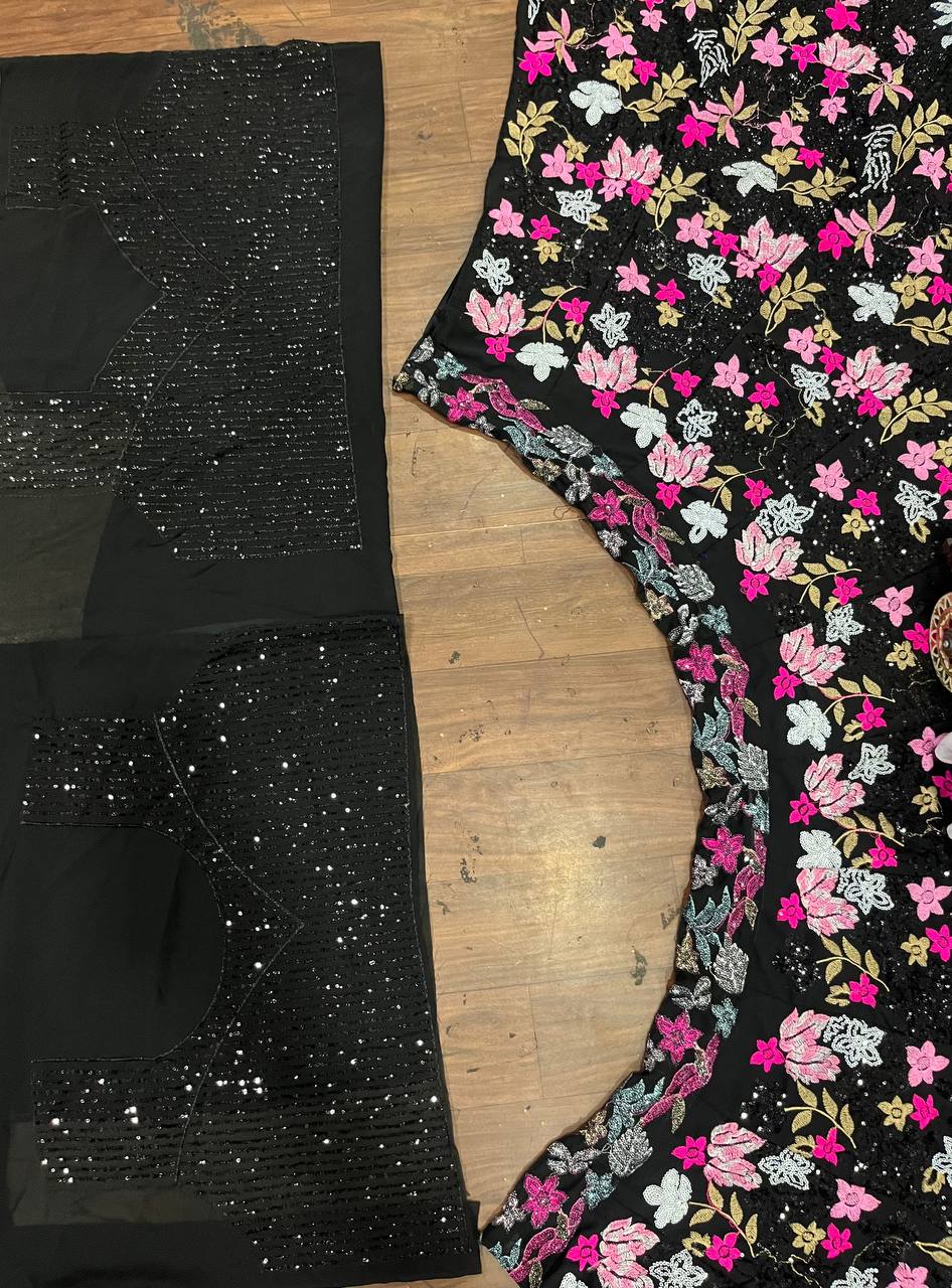 Floral Thread Sequence Work Black Lehenga Choli