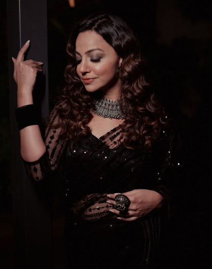 Function Wear Black Soft Net Sequence Work Saree For Women