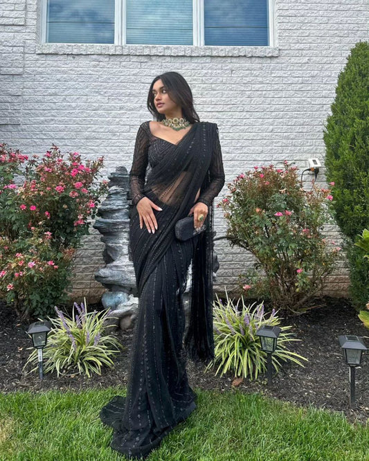 Black Soft Net Embroidered Sequence Work Saree