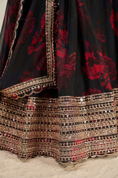Black Color Print & Sequence Embroidered Organza Silk Lehenga Choli