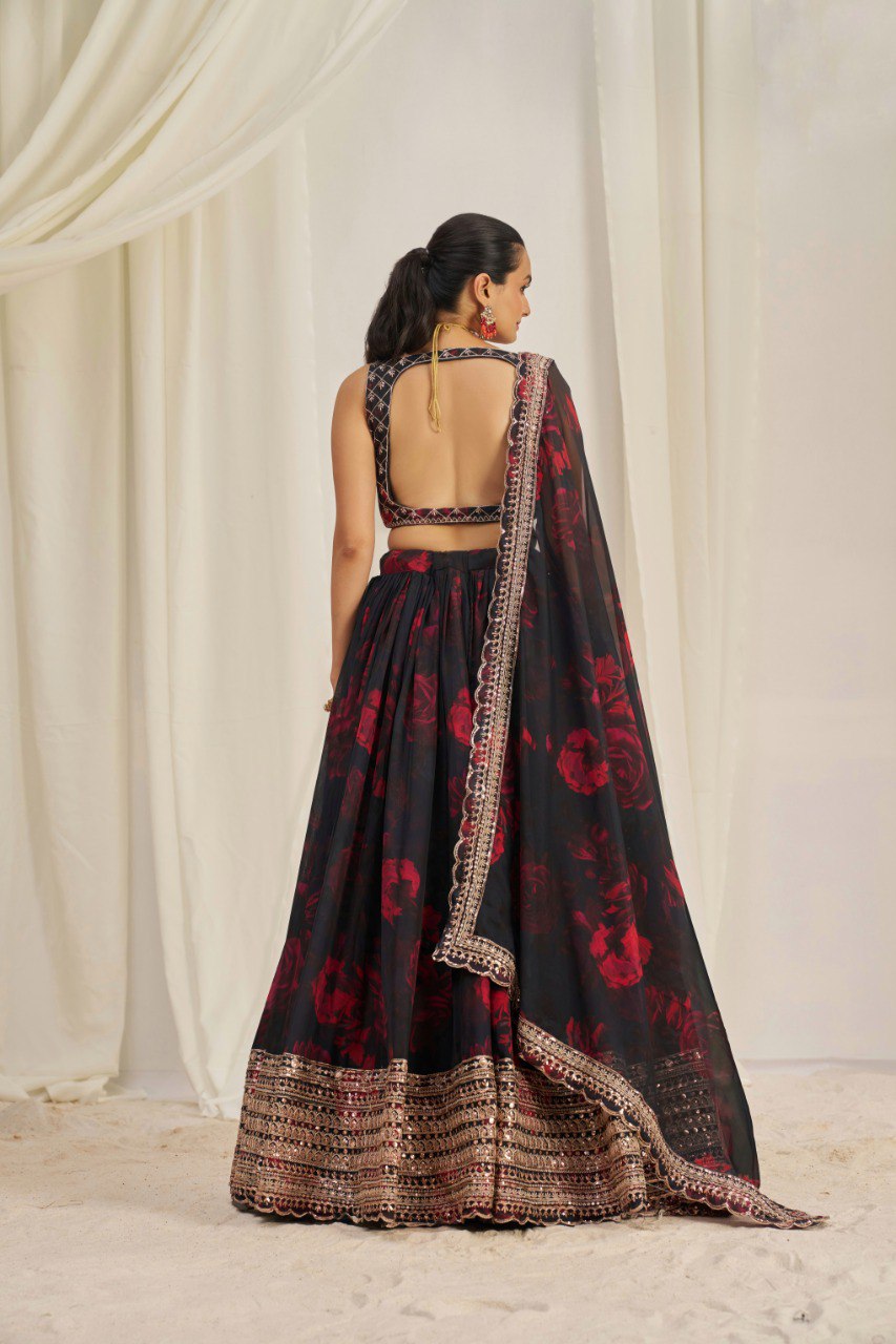 Black Color Print & Sequence Embroidered Organza Silk Lehenga Choli