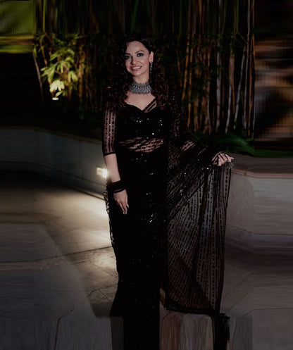 Function Wear Black Soft Net Sequence Work Saree For Women