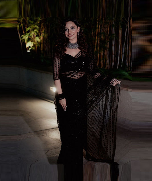 Function Wear Black Soft Net Sequence Work Saree For Women