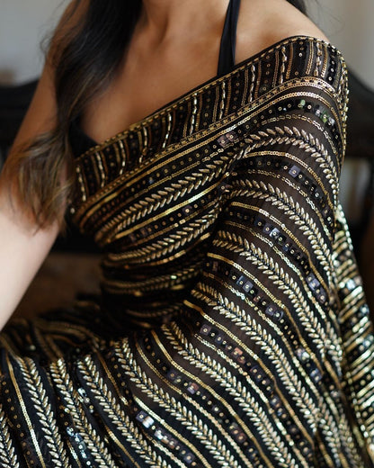 Black Georgette Sequence Work Saree