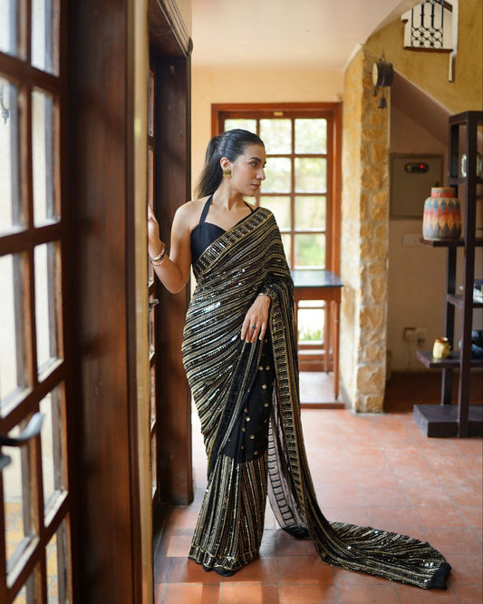 Black Georgette Sequence Work Saree