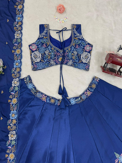 Floral Work Blue Color Chinon Silk Heavy Lehenga Choli