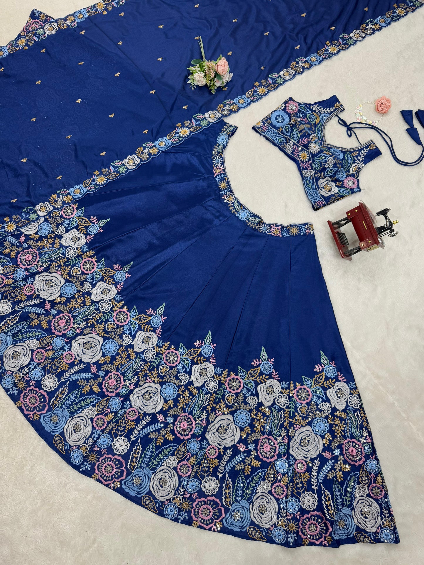 Floral Work Blue Color Chinon Silk Heavy Lehenga Choli