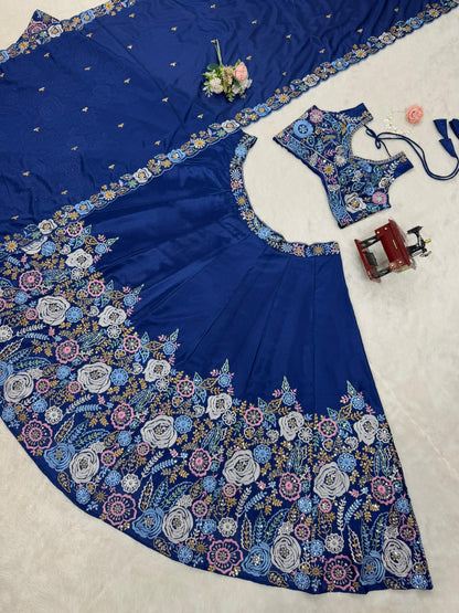 Floral Work Blue Color Chinon Silk Heavy Lehenga Choli