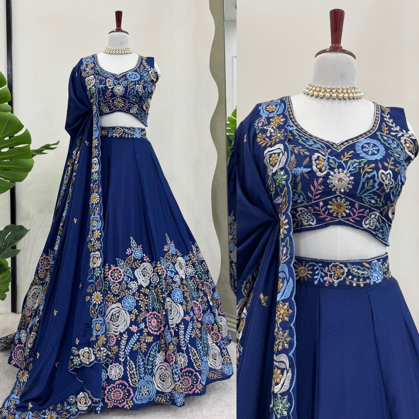 Floral Work Blue Color Chinon Silk Heavy Lehenga Choli