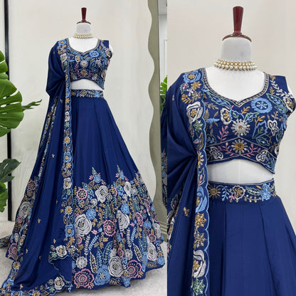 Floral Work Blue Color Chinon Silk Heavy Lehenga Choli