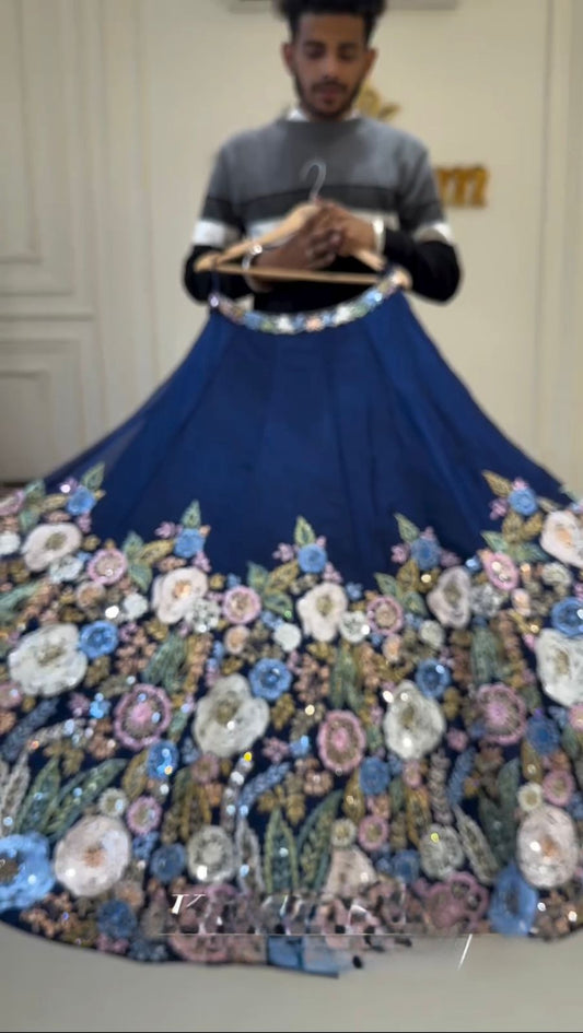 Floral Work Blue Color Chinon Silk Heavy Lehenga Choli