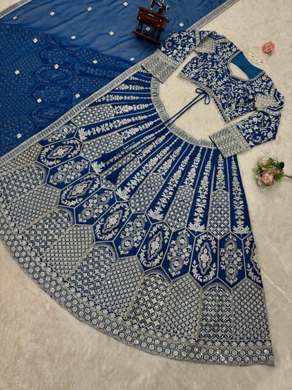Blue Color Georgette Coding Embroidered Work Lehenga Choli