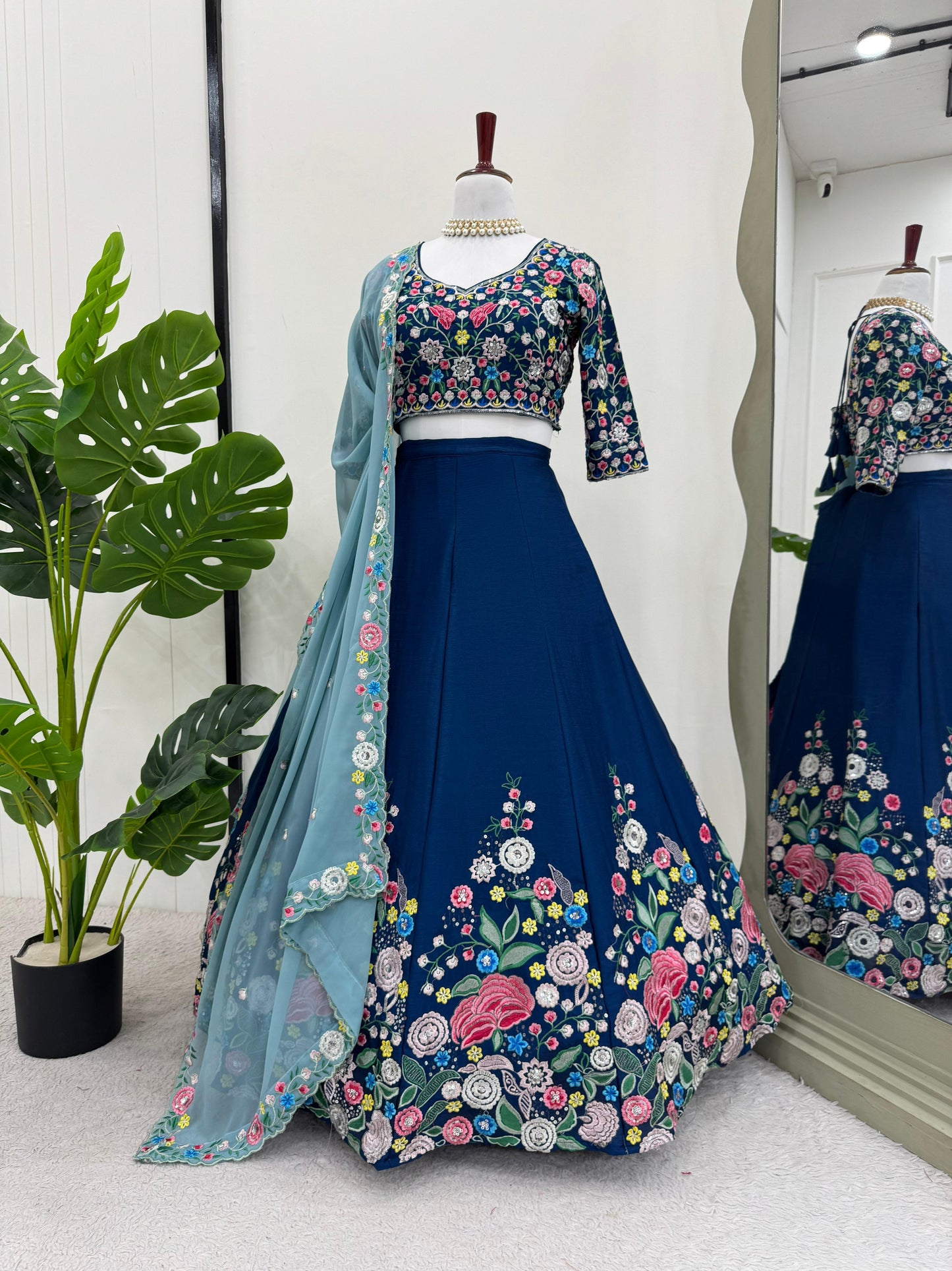 Blue Color Floral Work Silk Semi Stitched Lehenga Choli