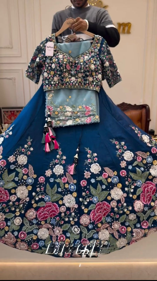Blue Color Floral Work Silk Semi Stitched Lehenga Choli