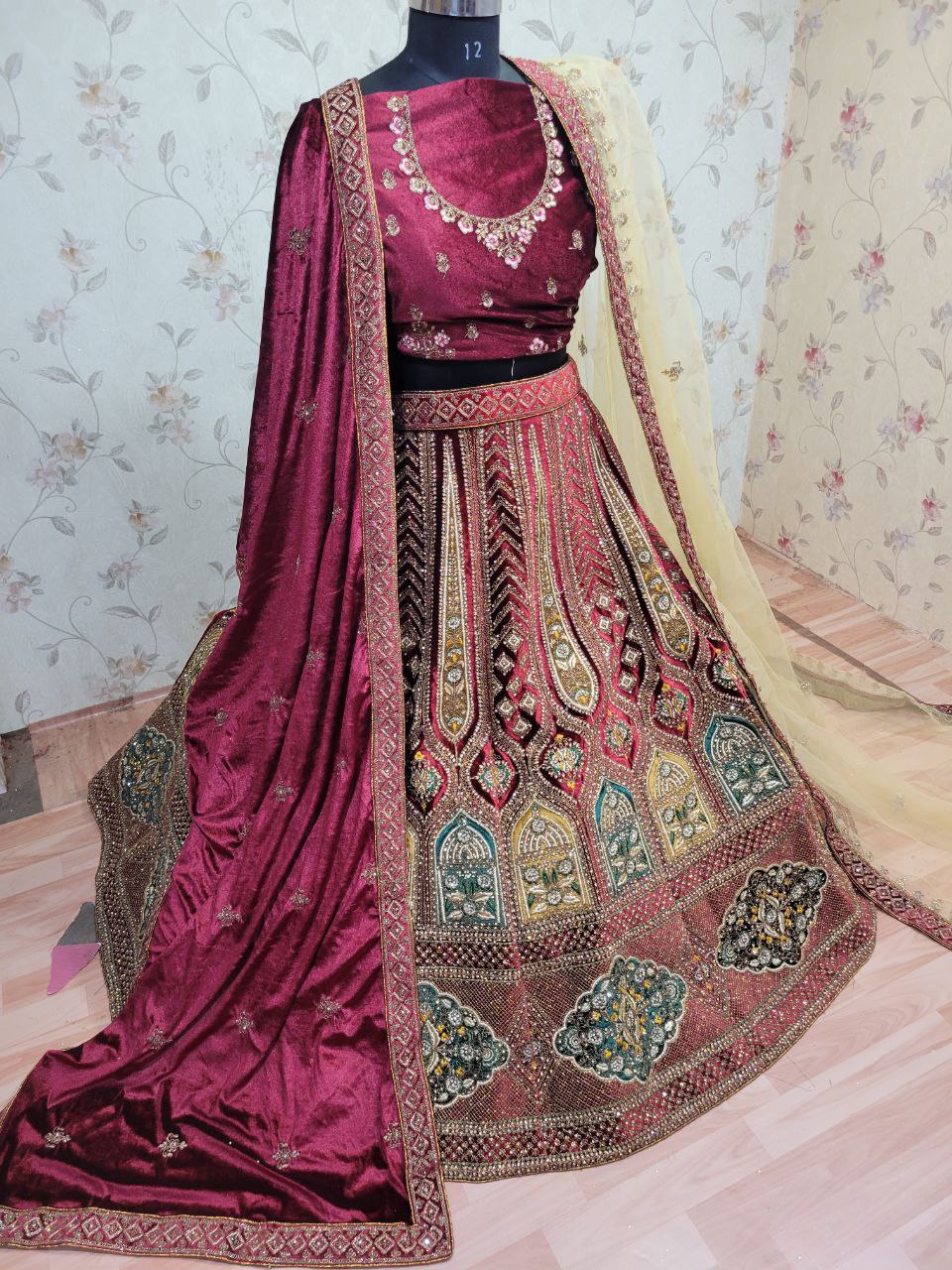 Bridal Wear Heavy Velvet Zarkan Work Multi Colour Double Dupatta & Double Cancan Rajwadi Lehenga Choli