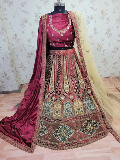 Bridal Wear Heavy Velvet Zarkan Work Multi Colour Double Dupatta & Double Cancan Rajwadi Lehenga Choli