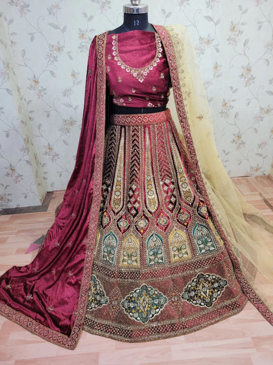 Bridal Wear Heavy Velvet Zarkan Work Multi Colour Double Dupatta & Double Cancan Rajwadi Lehenga Choli