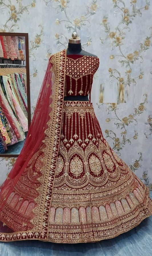 Bridal Wear Red Velvet Coding Embroidered Diamond Work Lehenga Choli