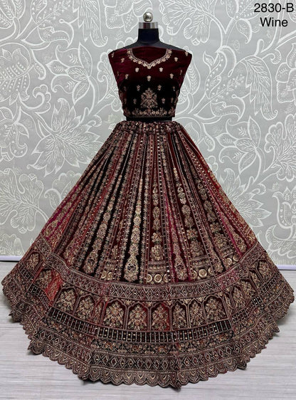 Wine Color Velvet Handwork Multi Thread Work Lehenga Choli
