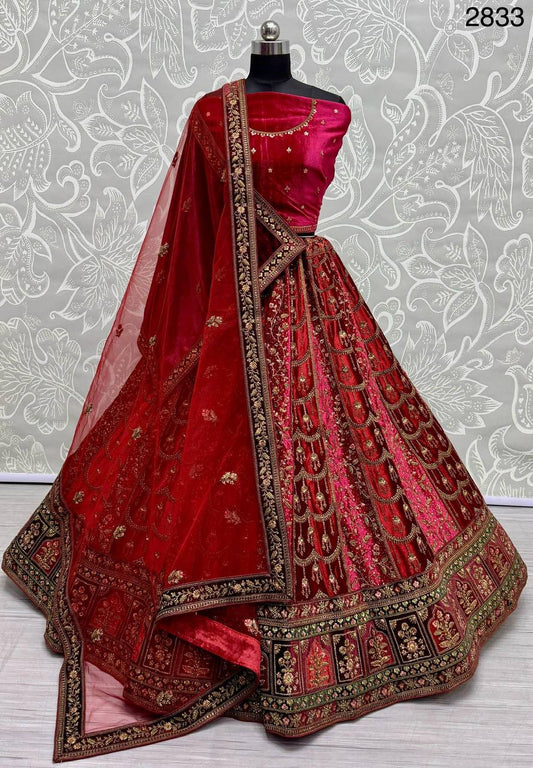 Bridal Wear Velvet Pink Color Heavy Embroidered Work Lehenga Choli