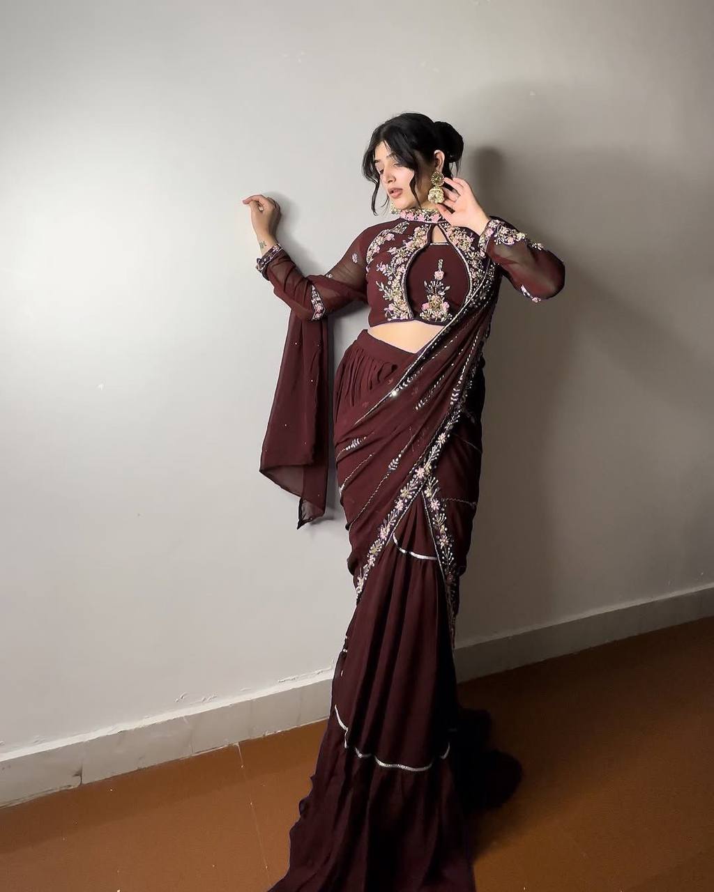 Red Georgette Stitched Lehenga Saree - 4 Color Option