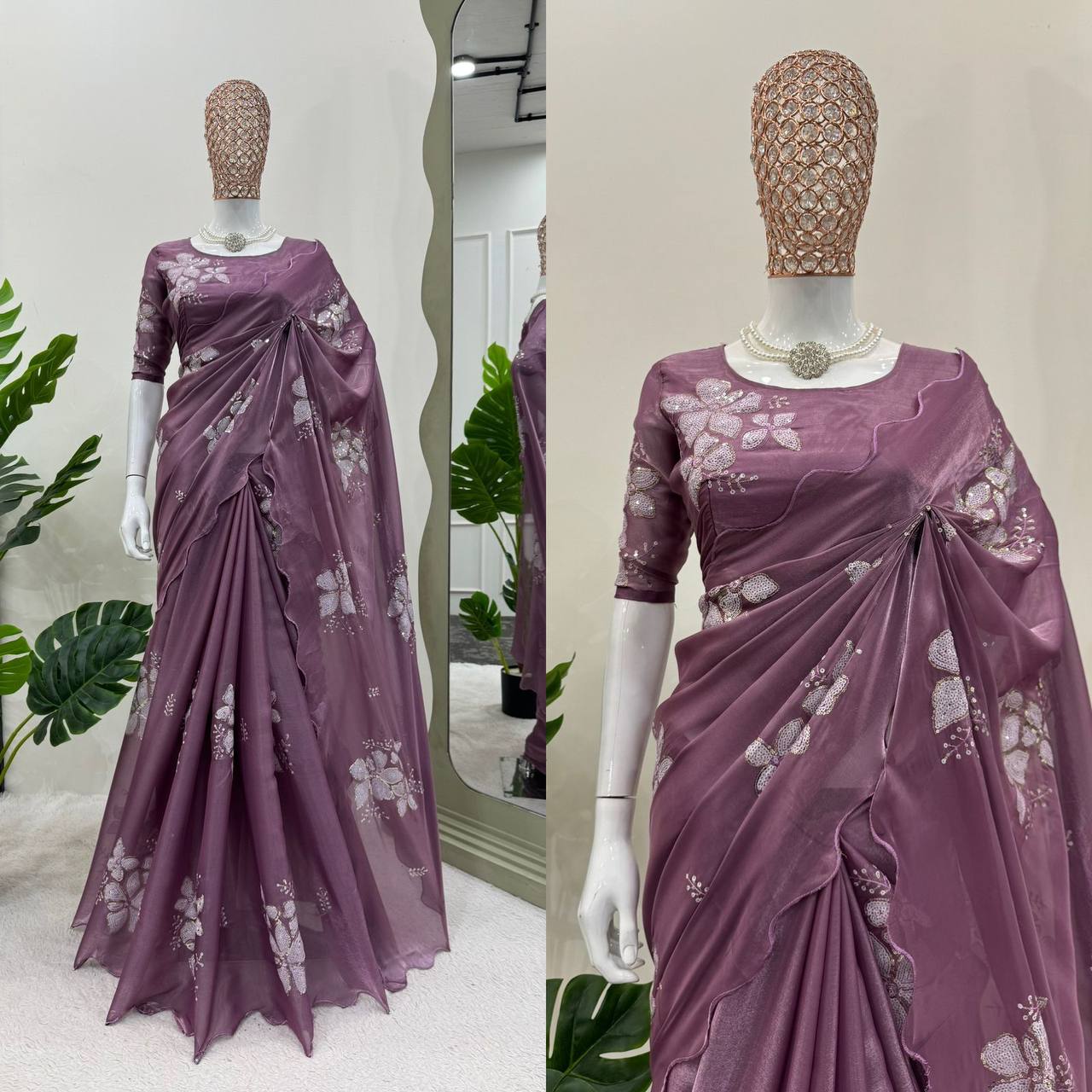 Wedding Wear Chinon Silk Heavy Sequence & Coding Work Saree Blouse