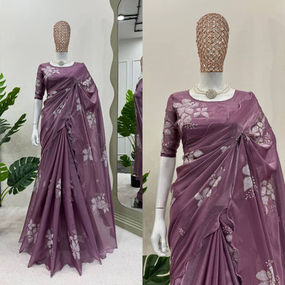 Wedding Wear Chinon Silk Heavy Sequence & Coding Work Saree Blouse