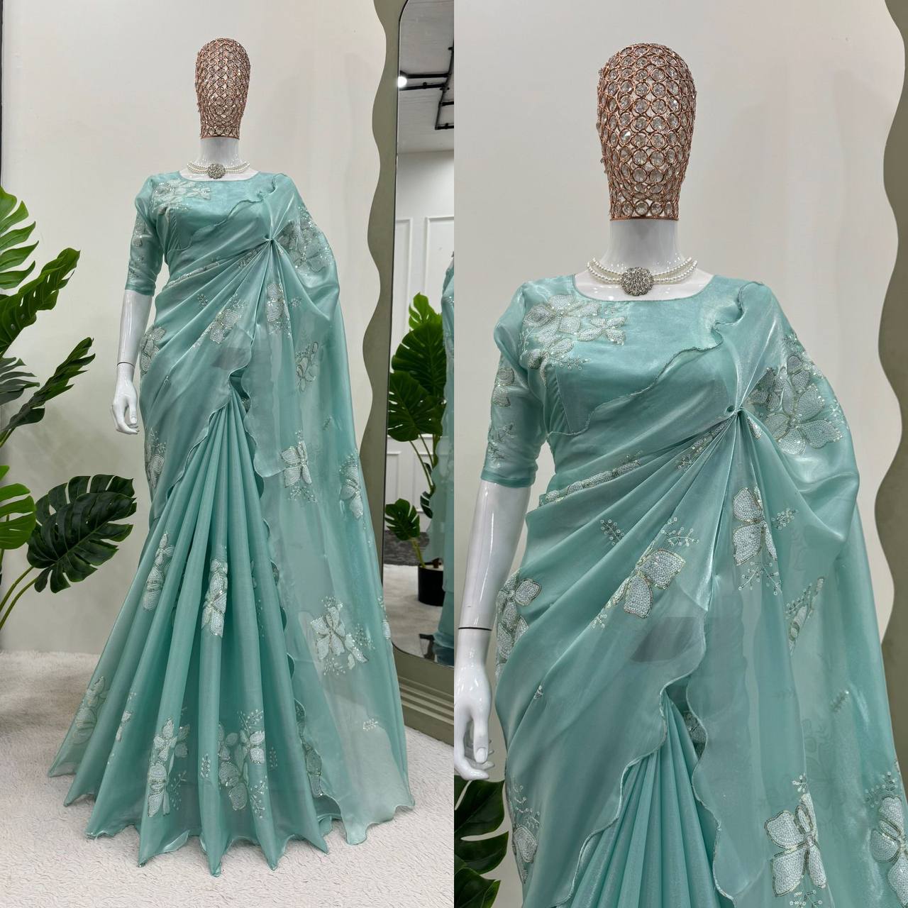 Wedding Wear Chinon Silk Heavy Sequence & Coding Work Saree Blouse