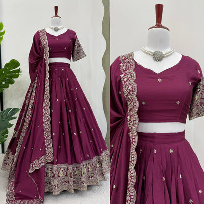 Chinon Silk Sauber Lehenga Choli ~Purple & Wine