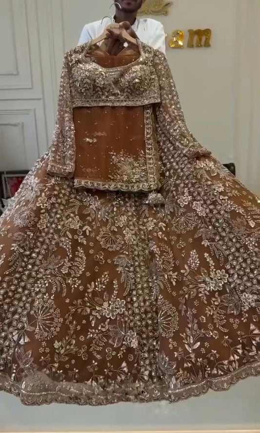 Coffee Color Shining Net Lehenga Choli