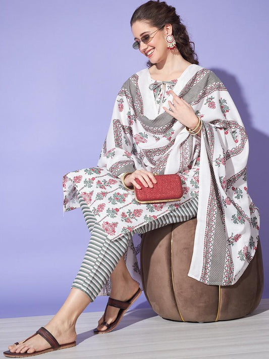 Regular Wear Jaipuri Printed Cotton Kurta Pant with Dupatta