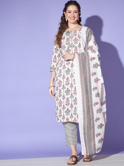 Regular Wear Jaipuri Printed Cotton Kurta Pant with Dupatta