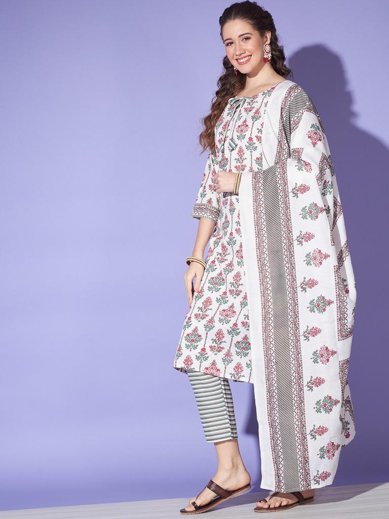 Regular Wear Jaipuri Printed Cotton Kurta Pant with Dupatta