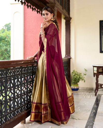 Cream Maroon Cotton Silk Lehenga Choli