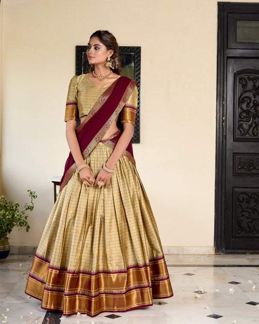 Cream Maroon Cotton Silk Lehenga Choli
