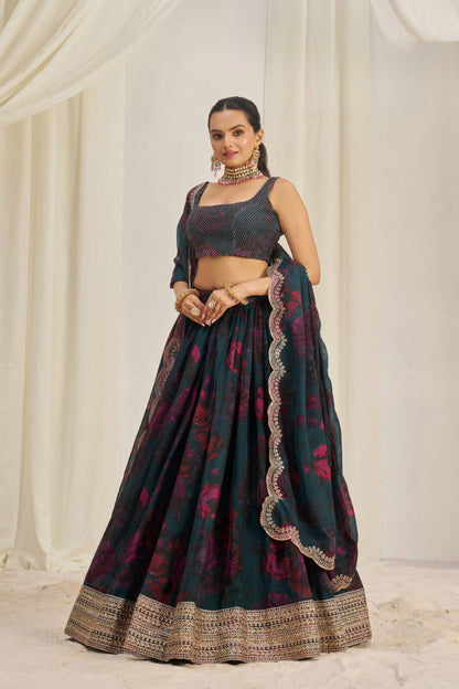Black Color Print & Sequence Embroidered Organza Silk Lehenga Choli
