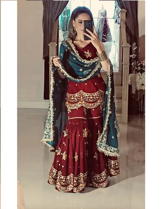 Super Hit Dark Maroon Georgette Fully Stitched Sharara Suit