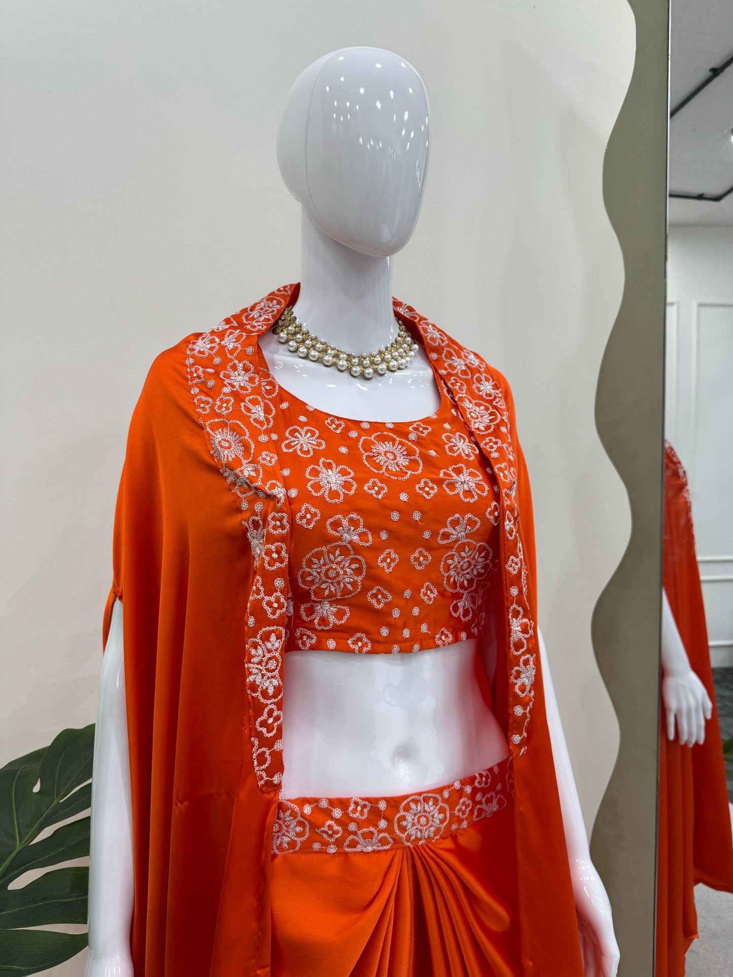 Orange Color Satin Silk Dhoti Style Ready to Wear Suit With Shrug